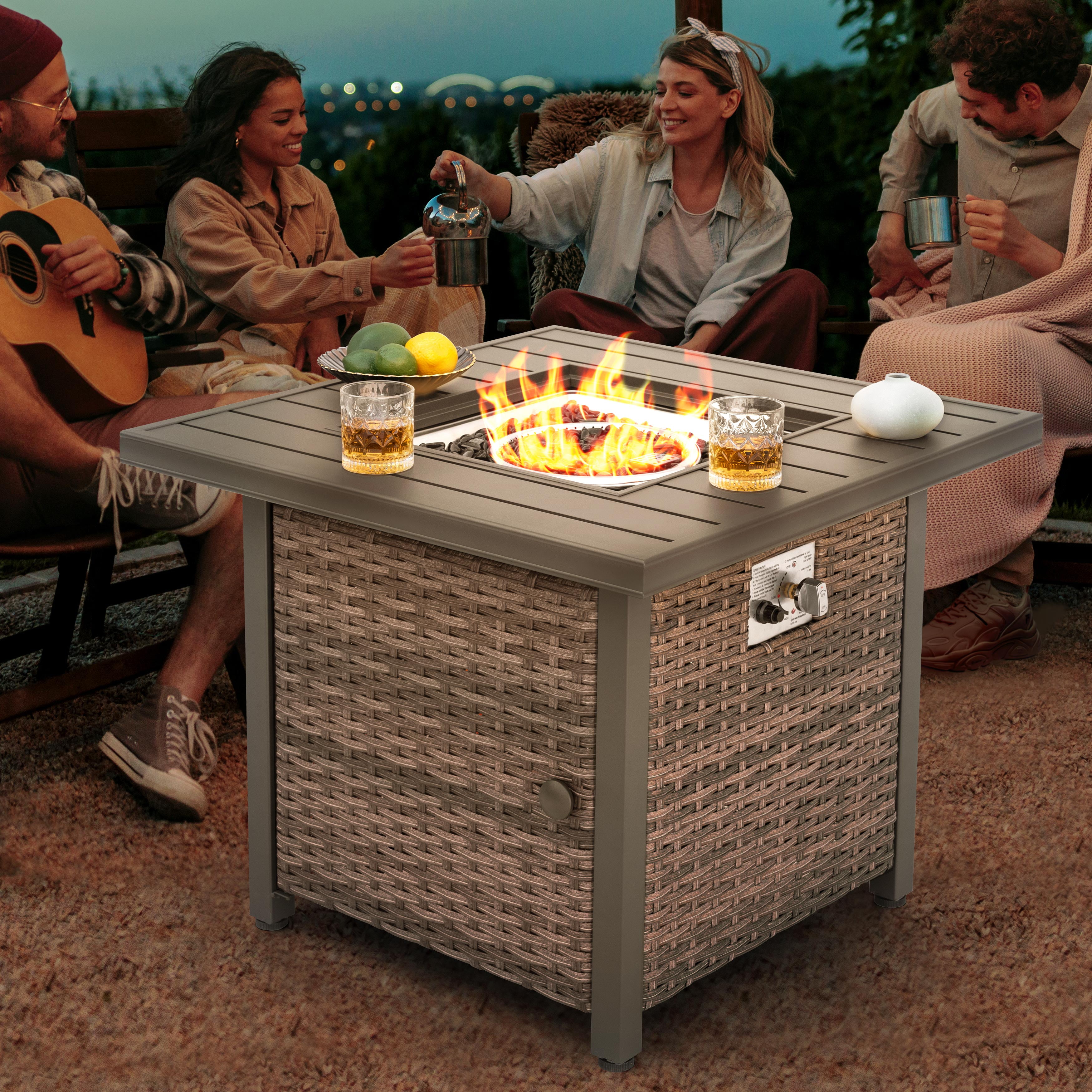 Nuu Garden Square 30" Outdoor Propane Fire Pit Table, 50,000 BTU Gas Fire Pit with Lid, Hand-Woven Wicker, with Glass Beads and CSA Certification