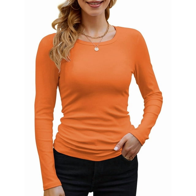 Womens Ribbed Long Sleeve Crewneck Casual Slim Basic Shirts Fitted Knit Tops Orange Color L