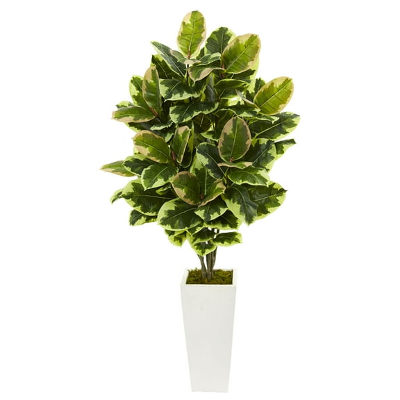 Nearly Natural 48" Green Variegated Rubber Leaf Plastic Artificial Plant in White Vase