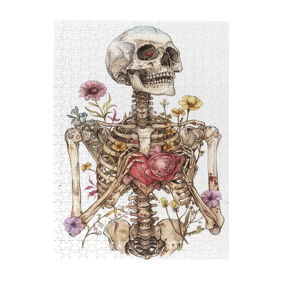 500 pcs Skeletons & Flowers 500 Piece Puzzle For Adults,Challenging Brain Exercise,Unique Artwork For Adults,Modern Style Skeletons Art Wooden Puzzles,Creative Activity Hobbies For Adult,Fun Puzzle