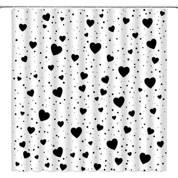 Valentine''s Day Shower Curtain Black White Heart Dots Modern Women Romantic Fabric Curtain with Hooks for Bathroom Decor,70x70 Inch