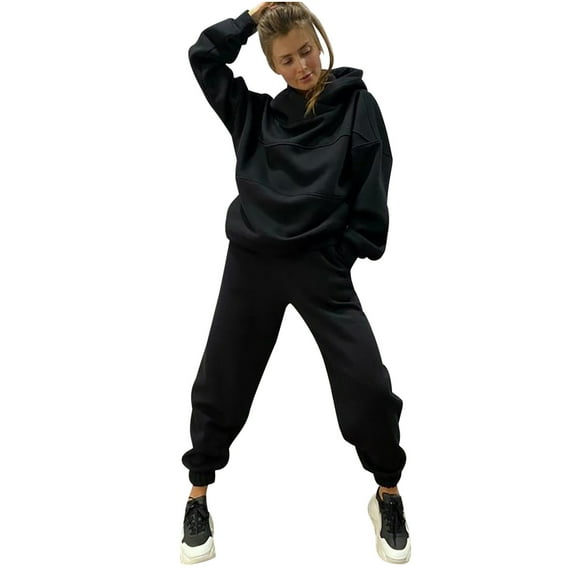 IROINNID Sweatsuit For Women 2 Pieces Set Savings Solid Hooded Long Sleeved Sweatshirts Casual Long Sleeved Hooded Suit Sport Outfits Set,Black
