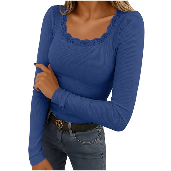 Tauxra Long Sleeve Thermal Shirt for Women with Lace Crewneck, Warm Fall Tops for Casual Daily Wear, Comfortable Soft Pullover with Ribbed Knit Design