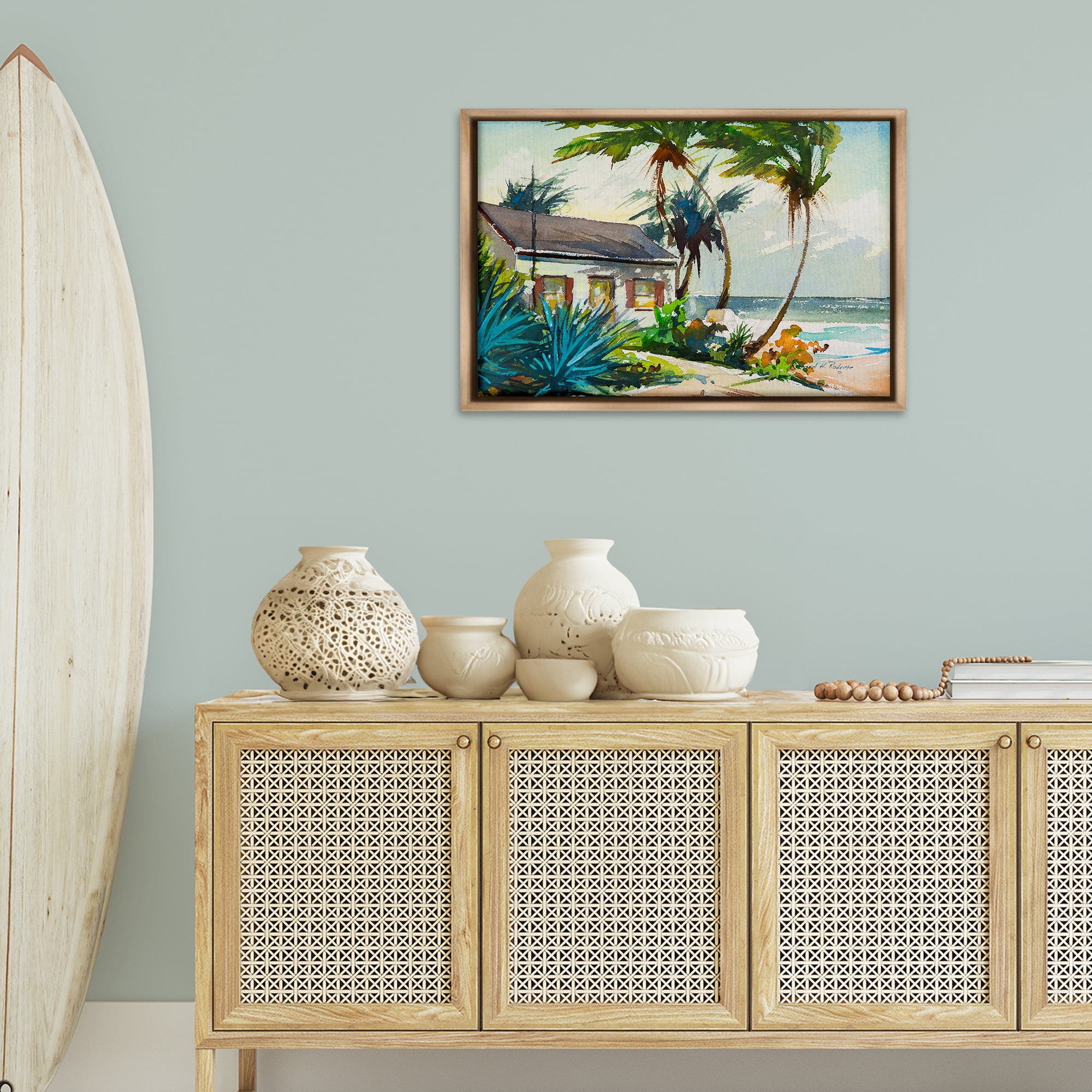 Stupell Industries Windswept Palms Cottage Landscape & Nature Painting Brown Floater Framed Canvas Art Print Wall Art, 31 x 21