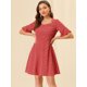 thumbnail image 2 of Vestido floral de manga corta con campana de cintura fruncida sin espalda de verano para mujer rojo XL, 2 of 6