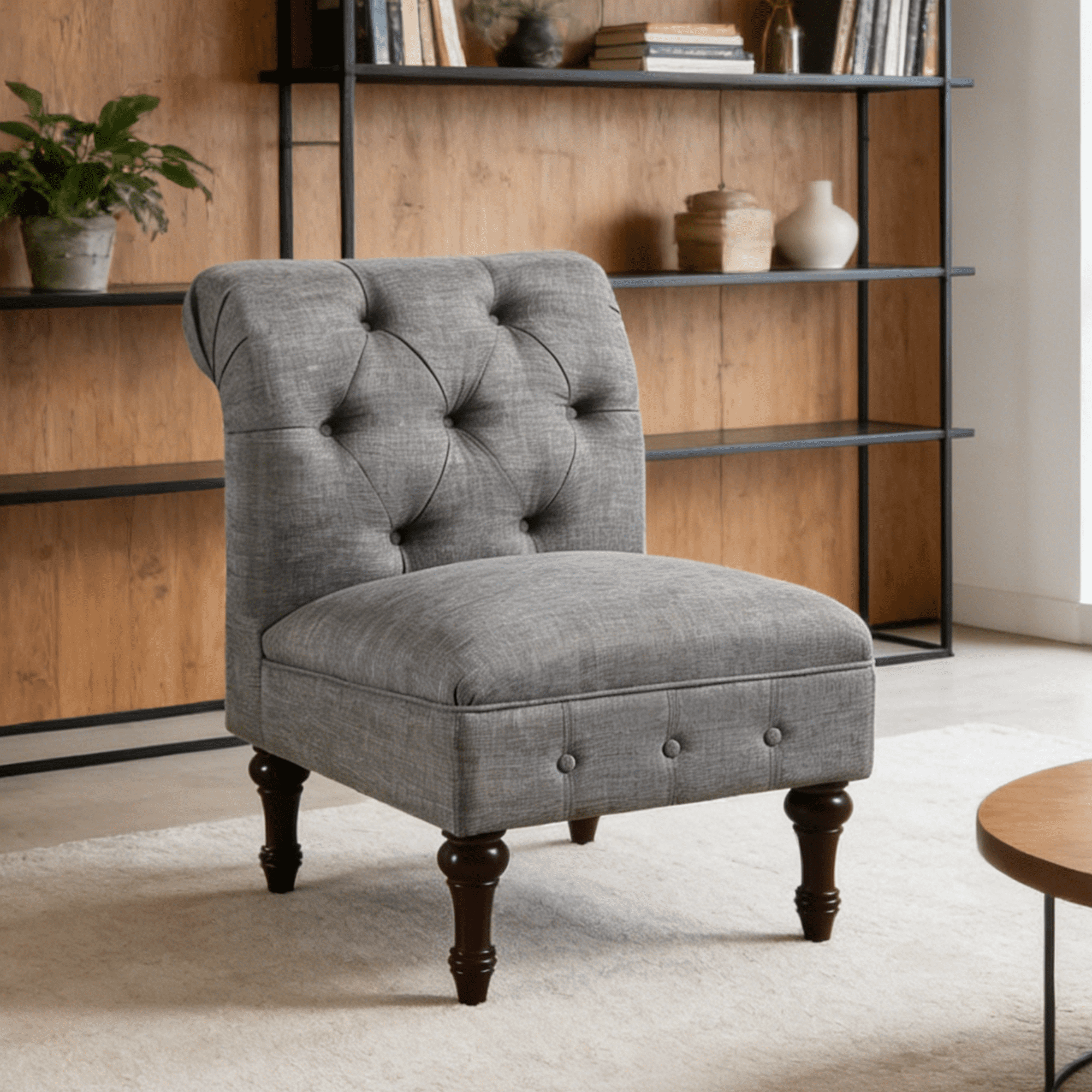 Gewnee Armless Royal Chair,Linen Gray Button-Tufted Accent Chair With Rubberwood Legs