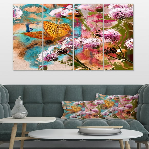 Yellow Butterfly on Thistle Flowers - Floral Art Canvas Print