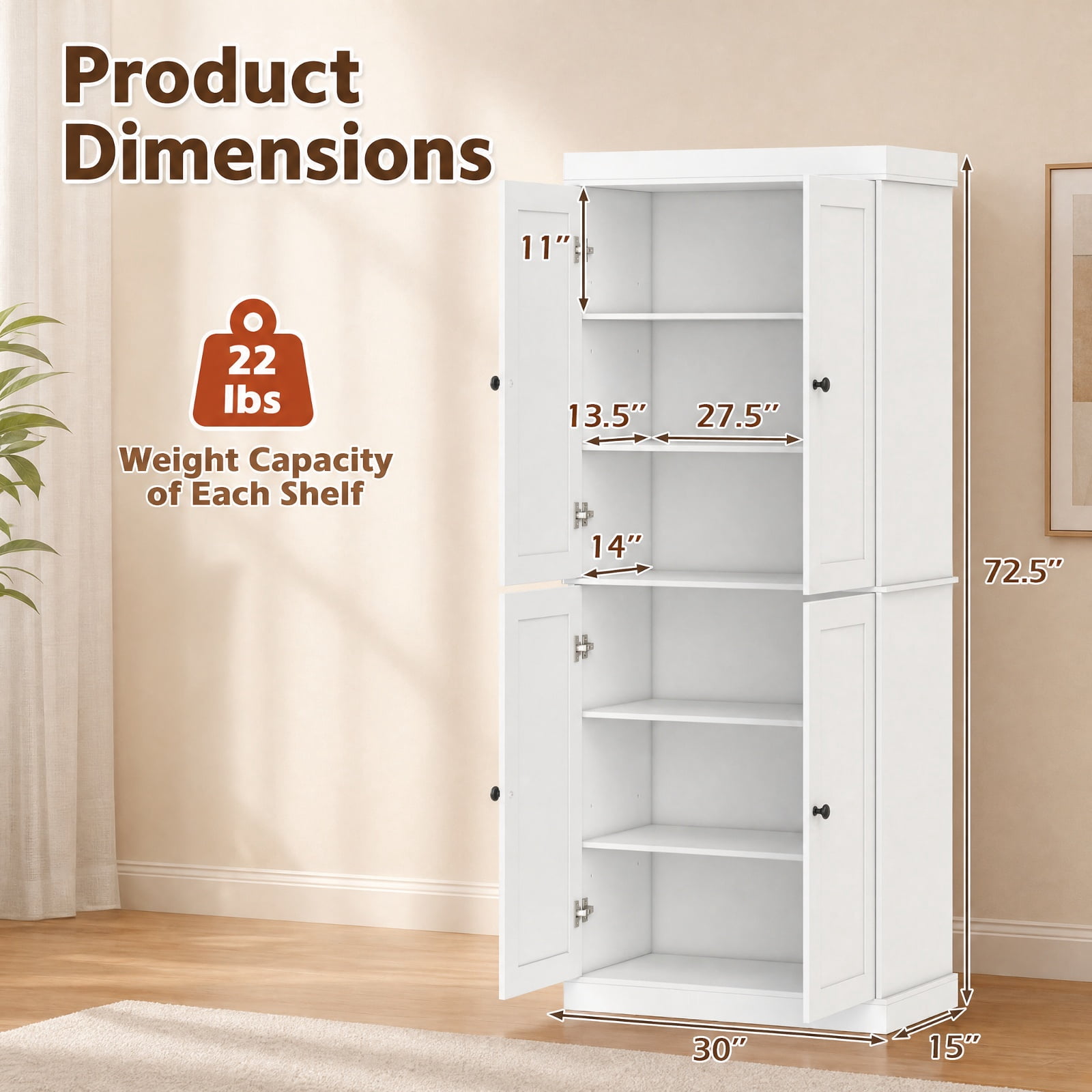 Furnibear 72.5 Inch Tall Kitchen Pantry Cabinet with 2 Adjustable Shelves Enclosed Doors and Anti Tipping Kits for Kitchen and Dining Room, White