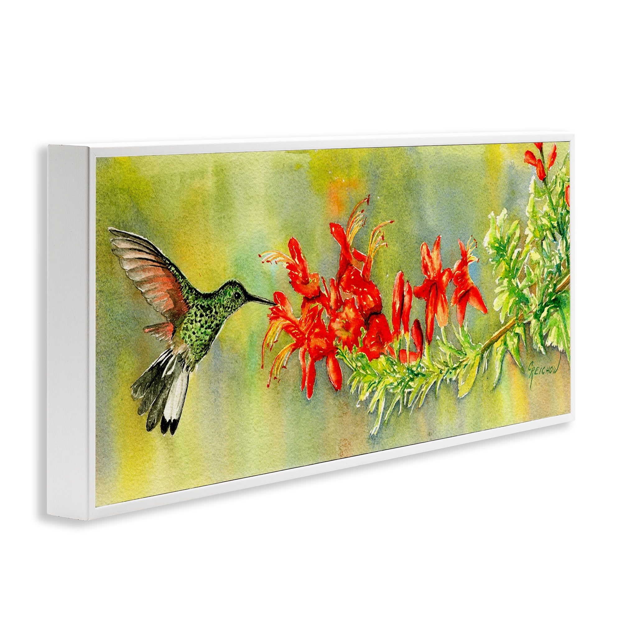 Stupell Industries Quick Sip Hummingbird Animals & Insects Painting White Framed Art Print Wall Art, 24 x 10