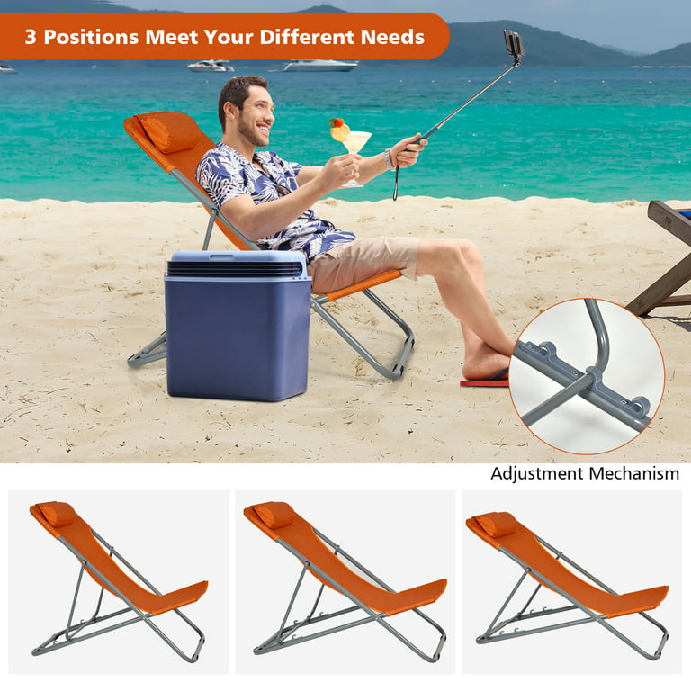 Patiojoy 2 Pcs Beach Chair Lounger Reclining Folding Chair w/3-Position Adjustable Backrest Orange