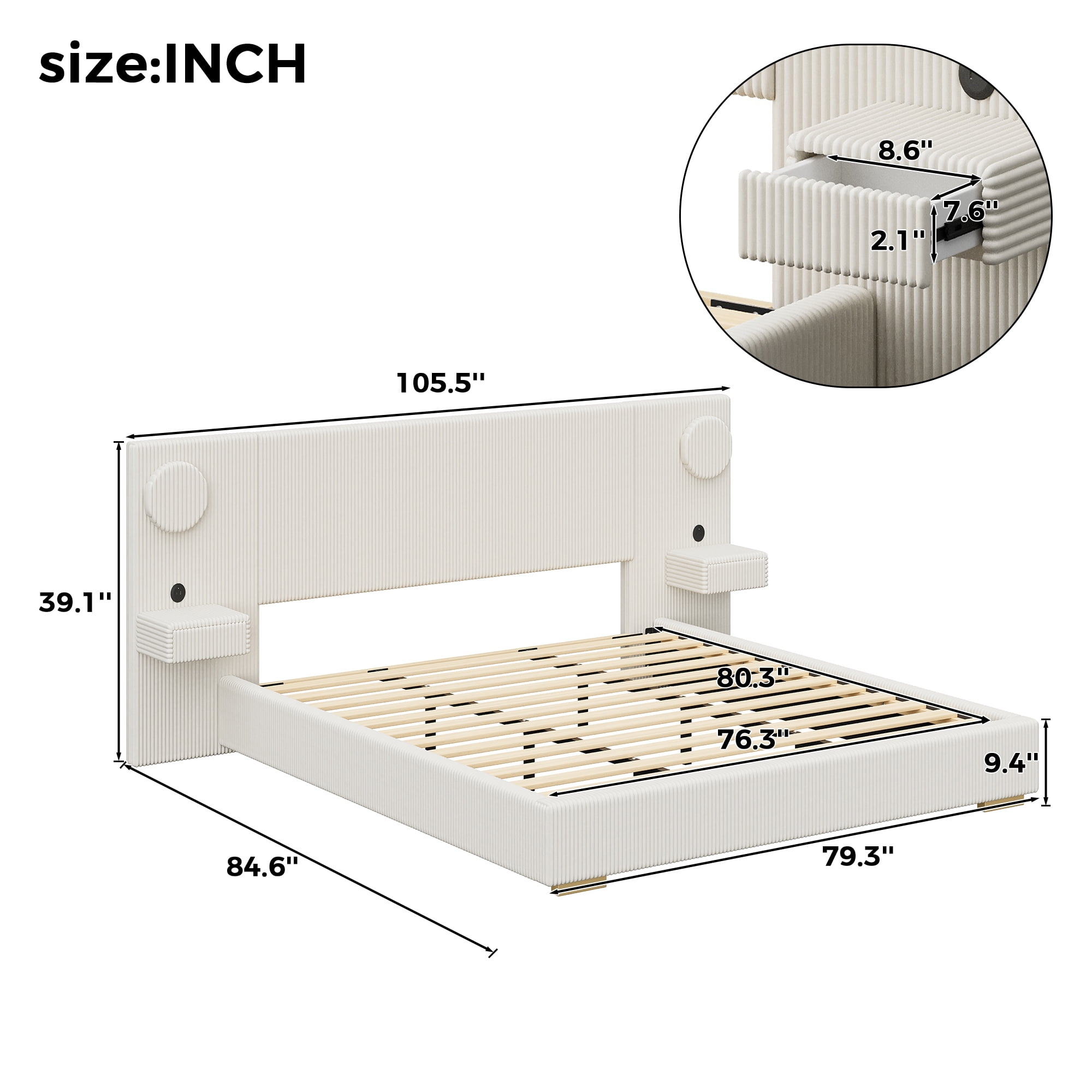Euroco Upholstery King Size Platform Bed with LED Light and Drawers, High Headboard Design with Bedside Tables and USB Ports, No Box Spring Needed, Beige