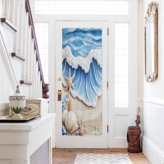 Coastal Beach Door Curtains for Door Window, French Sidelight Front Back Door Curtains With Tieback, Blue Ocean Starfish Shell Seashore Sand Kitchen Rod Pocket Drapes Panel, 25"x72"