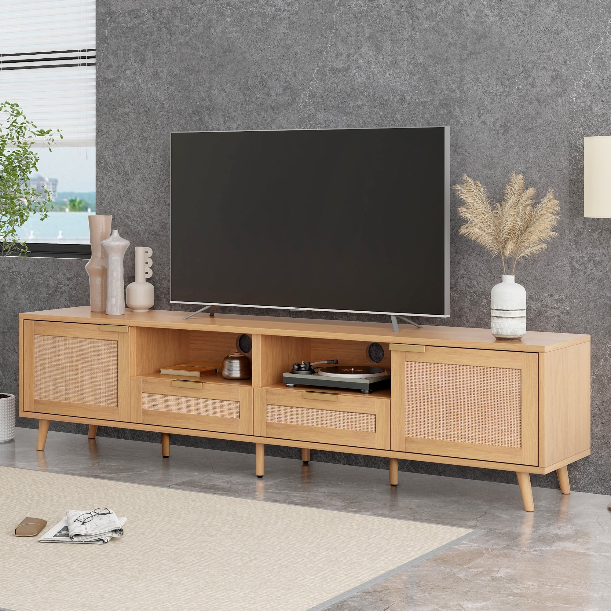 TV Stand for TVs up to 85 Inch, Rattan Media Console with Storage Cabinets & Open Shelves, Entertainment Center with Solid Wood Legs for Living Room