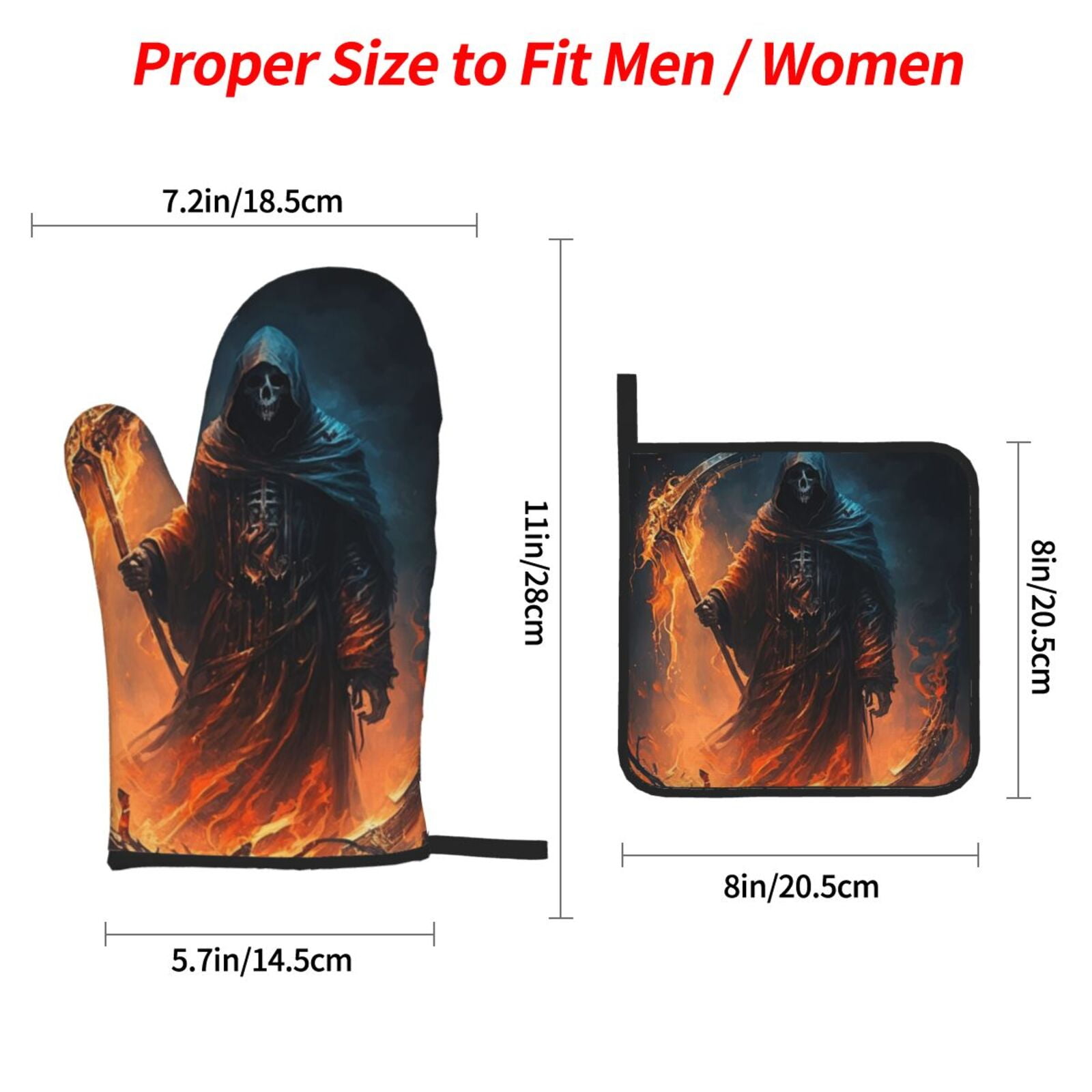 Grim Reaper On Fire Cool Art 4Pcs Oven Mitts and Pot Holders Sets Oven Kitchen Gloves Hot Pads for Cooking BBQ Baking Grilling