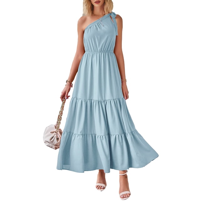 Vestido PRETTYGARDEN Maxi Azul con Nudo y Un Hombro Sin Mangas Talla L