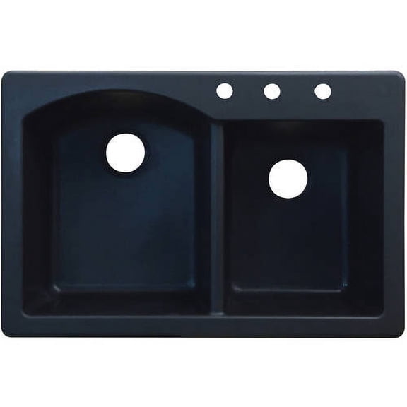 Transolid Aversa 33in x 22in silQ Granite Drop-in Double Bowl Kitchen Sink with 3 BAD Faucet Holes, In Black
