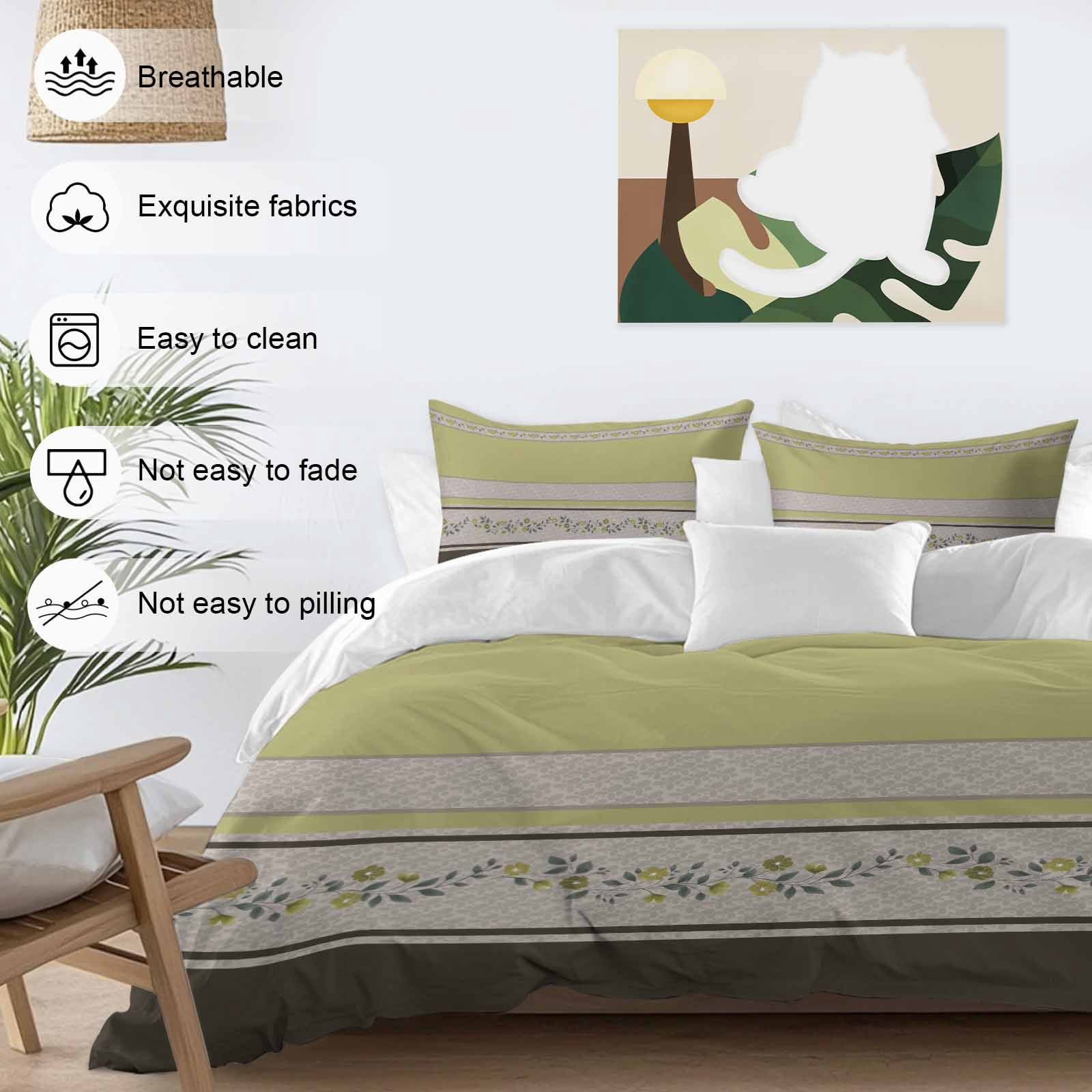 Sage Green Floral Bedding 3 Piece Duvet Cover Set California King, Modern Farmhouse Leaves Brown Striped Microfiber Comforter Cover with Zipper Closure & Pillowcases, FadeResistant Quilt Cover