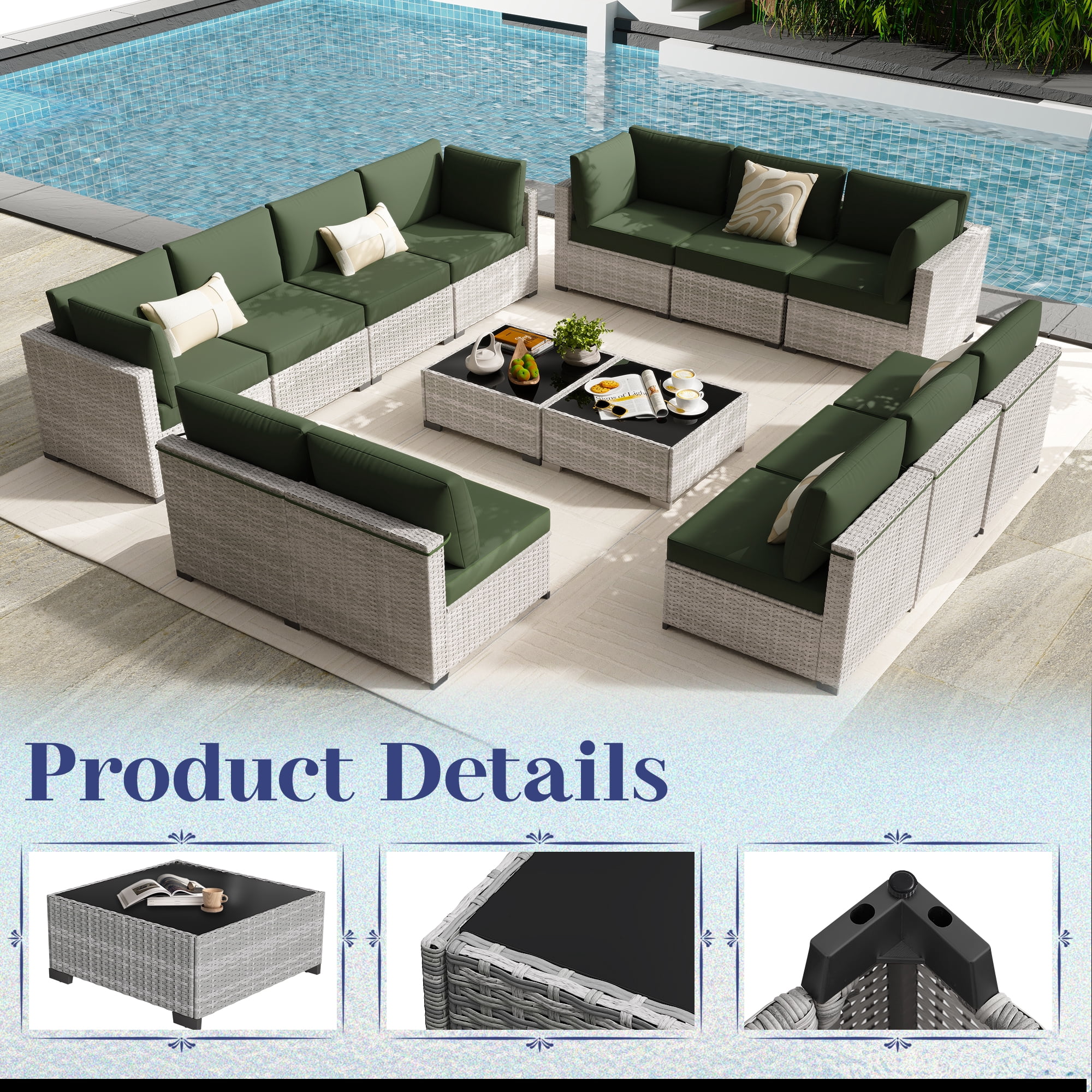KIGOTY 7 Piece Outdoor Patio Furniture, Wicker Rattan Outdoor Conversation Set Sectional Sofas for Backyard, Garden,Grayish-White Dark Green