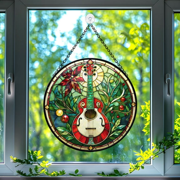 89Bloom Banjo Window Hanging Stained Glass, Banjo Book Suncatchers for Windows Stained Glass, Dog Stained Glass Suncatcher