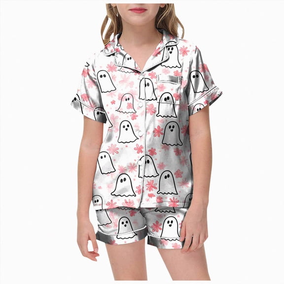 TOWED22 Halloween Pajamas Girl Fall Costume Graphic Button Up Sleepwears Loungewear 2 Piece Top and Shorts Pjs Sets for 2-13 Years Teens(White,2-3 Y)