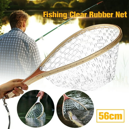 Rubber Fish Landing Net Landing Fish Net- Fly Fishing Equipment, Clear Rubber Mesh and Wooden Handle Angler Tool for Catch and Release ()