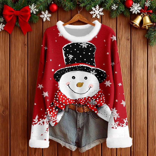 MHFRRA Camiseta de Manga Larga con Cuello, Estampado Festivo, Blusa Suave y Acogedora con Cuello Redondo para Atuendos de Fiesta de Temporada. Rojo