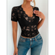 thumbnail image 4 of Blusa de para Mujer, de Corta, Cuello Redondo, Ajustada, con Encaje Floral Liso, Blusas Transparentes con Cuello en V Negro M, 4 of 7
