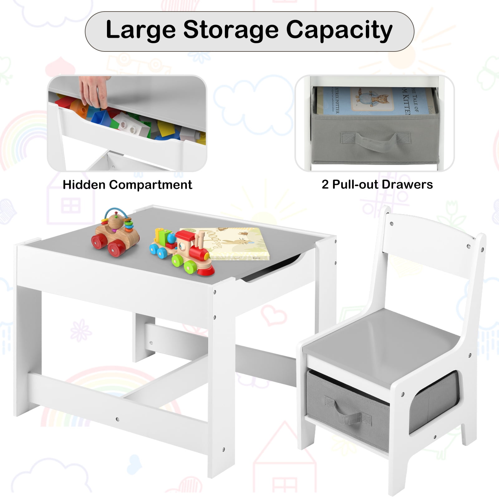 LINLUX Kids Table and 2 Chairs Set, Children Activity Table Chairs with Chalkboard/Whiteboard, Grey