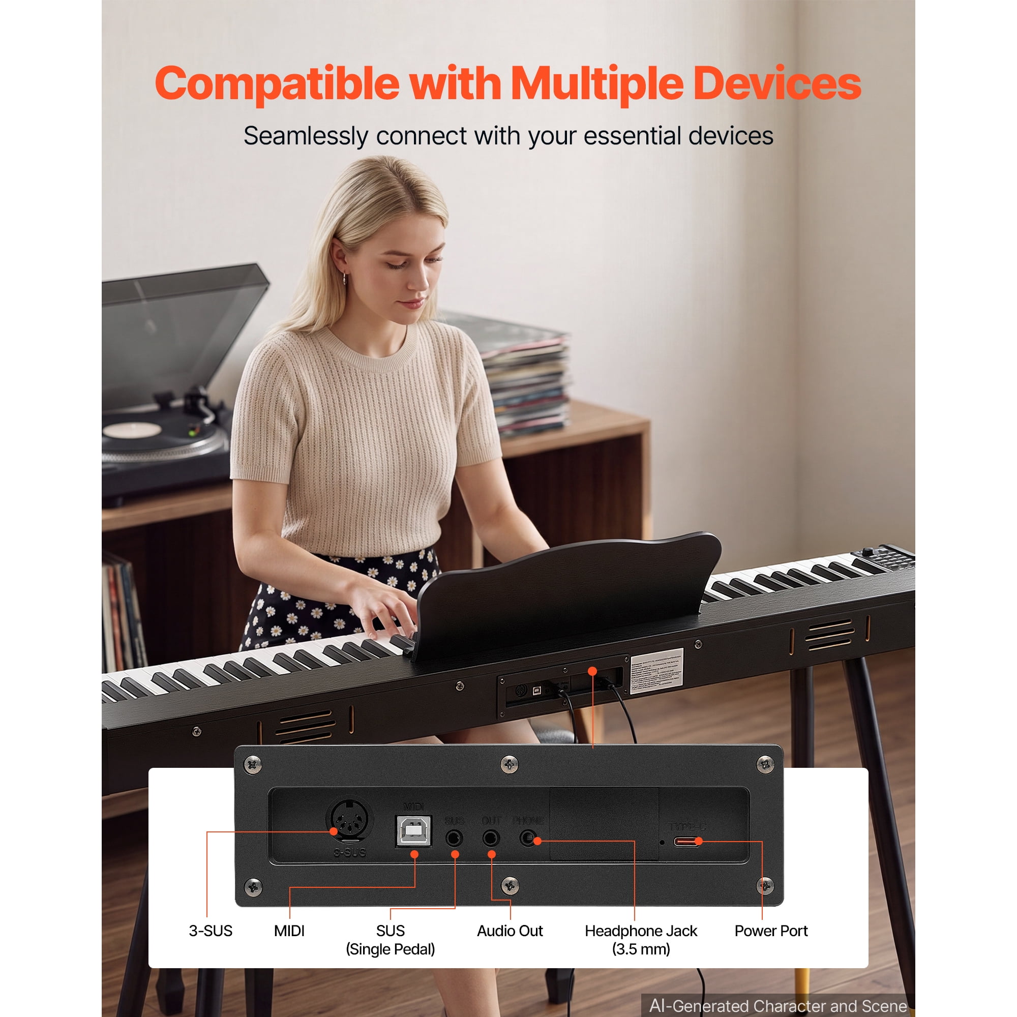 KFFKFF Digital Piano with 88 Semi-Weighted Keys, Full-Size Keyboard, Stand, and Accessories – Ideal for Beginners, Featuring 600 Tones, 600 Rhythms, Sustain Pedal, Built-in Speaker, Headphone Jack.