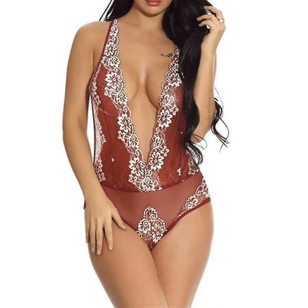 

Ladies Sheer Lingerie Lace Floral Halter Babydoll Bodysuit See-through Underwear