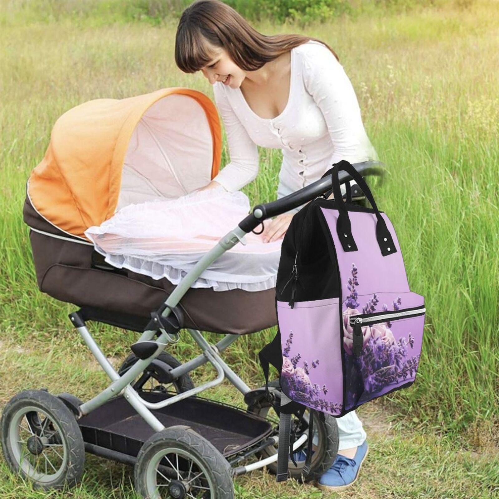 Ratiio Lavender Roses Arrangement Mummy Backpack - Waterproof Twill Canvas, Large Capacity Diaper Bag with Multiple Pockets and Adjustable Straps