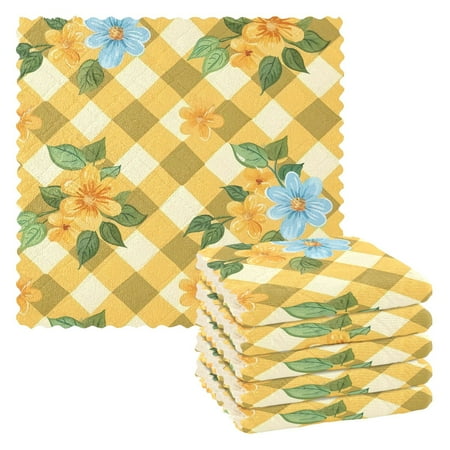 

Yellow Checkerboard and Flower Dish Cloths Quick Drying Dish Towels Reusable Cleaning Cloths Set of 6 for Kitchen Countertop Car 11 x 11