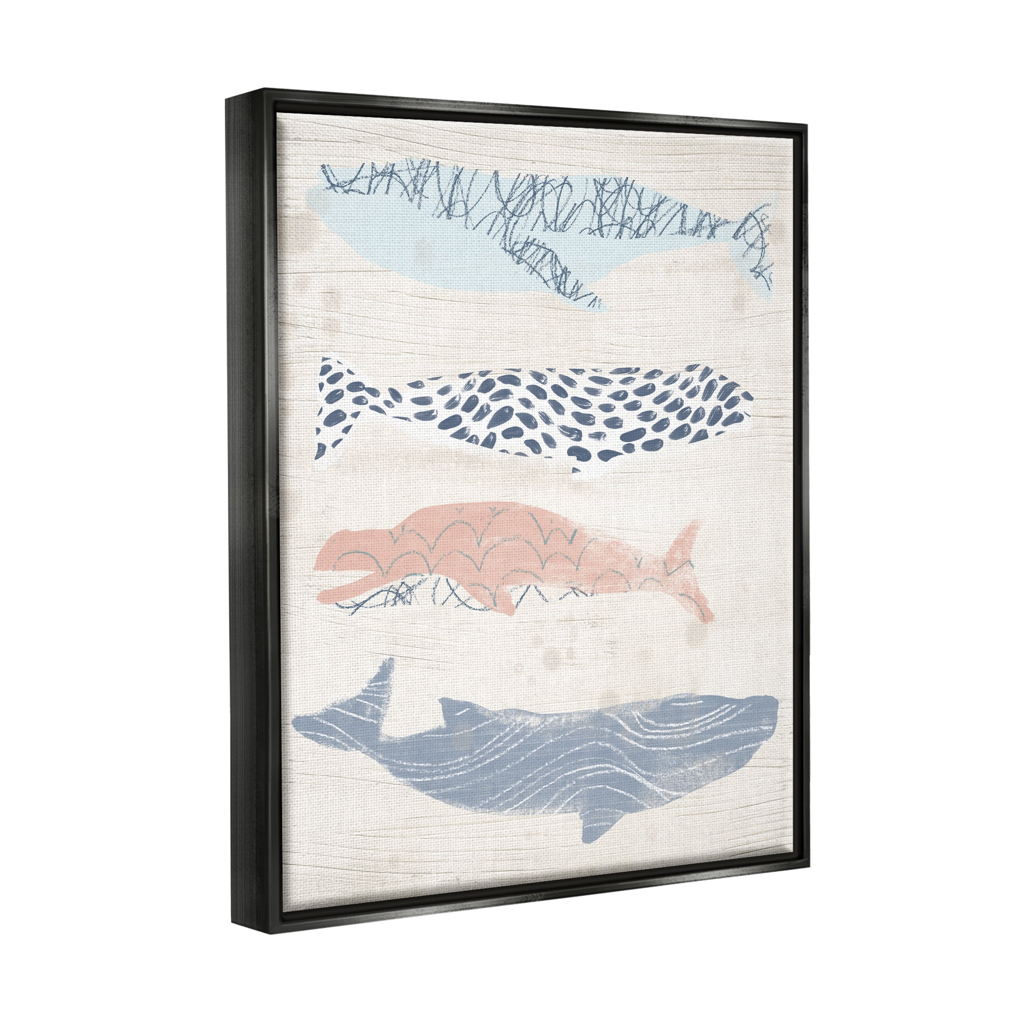 Stupell Industries Rustic Patterned Whales Animals & Insects Painting Black Floater Framed Canvas Art Print Wall Art, 17 x 21