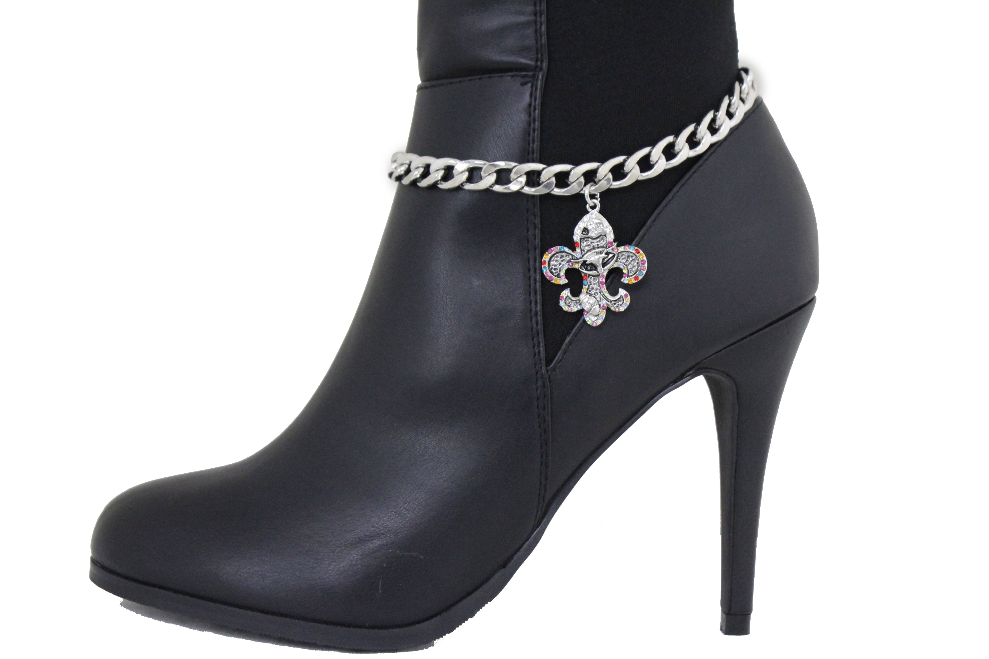 Women Silver Western Boot Chain Bling Shoe Charm Bull Bling Fashion