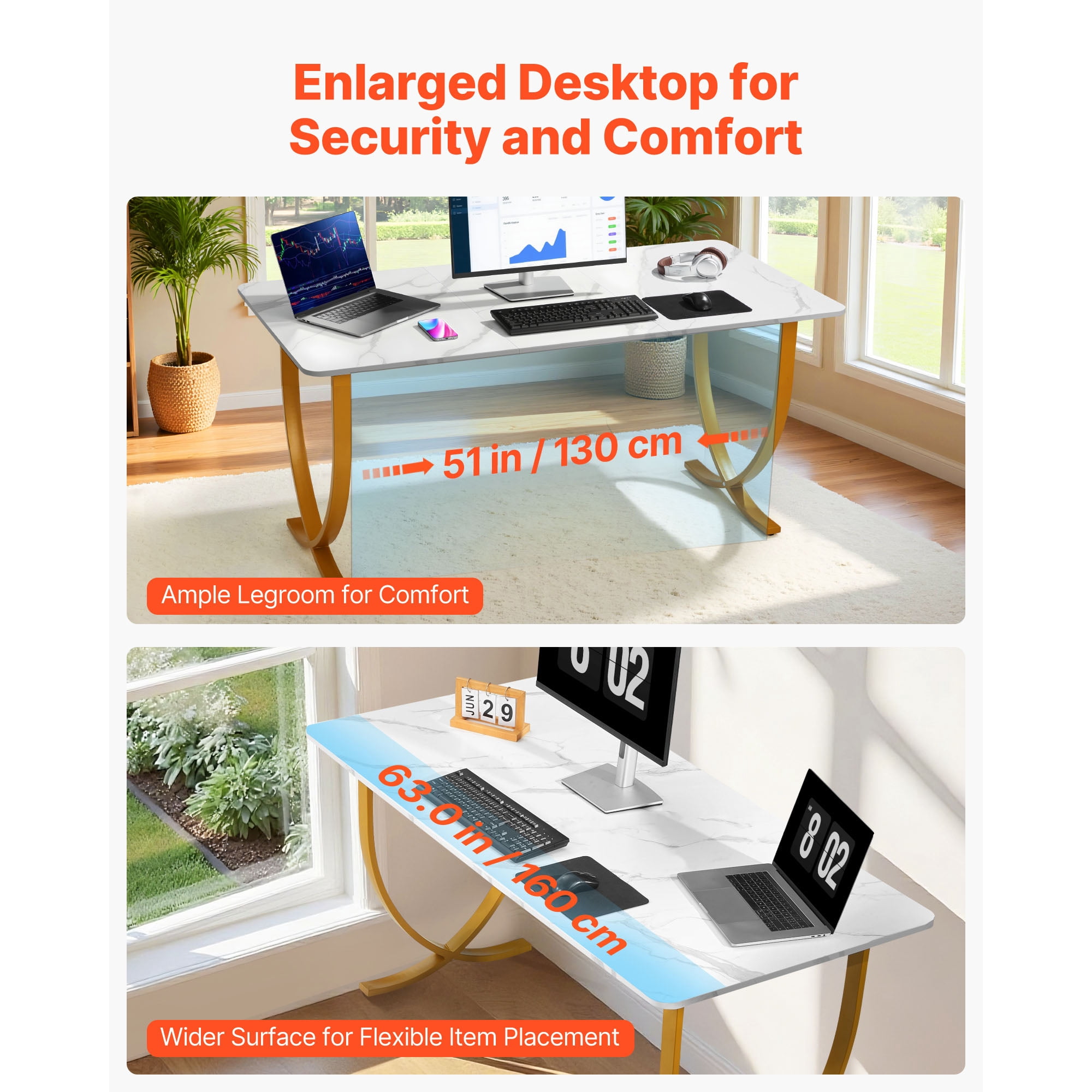 KFFKFF Executive Desk, 63" W x 31.5" D Spacious Office Desk, Contemporary Computer Table for Conference or Workspace, Business Furniture with Expanded Surface for Home or Office, White and Gold