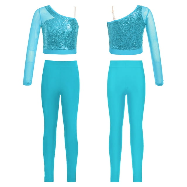 Sywiyi Costumes de Performance Jazz Hip Hop pour Filles Ensemble de Danse Ballet 2 Pcs 6-16 Ans Bleu Clair 8