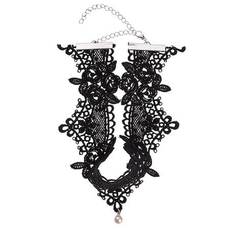 Embroidery Necklace AkoaDa New Fashion Gothic Tattoo Wedding Jewelry White Hollow Out Rose Flower Simulated Pearl Embroidery Lace Choker For Women ()