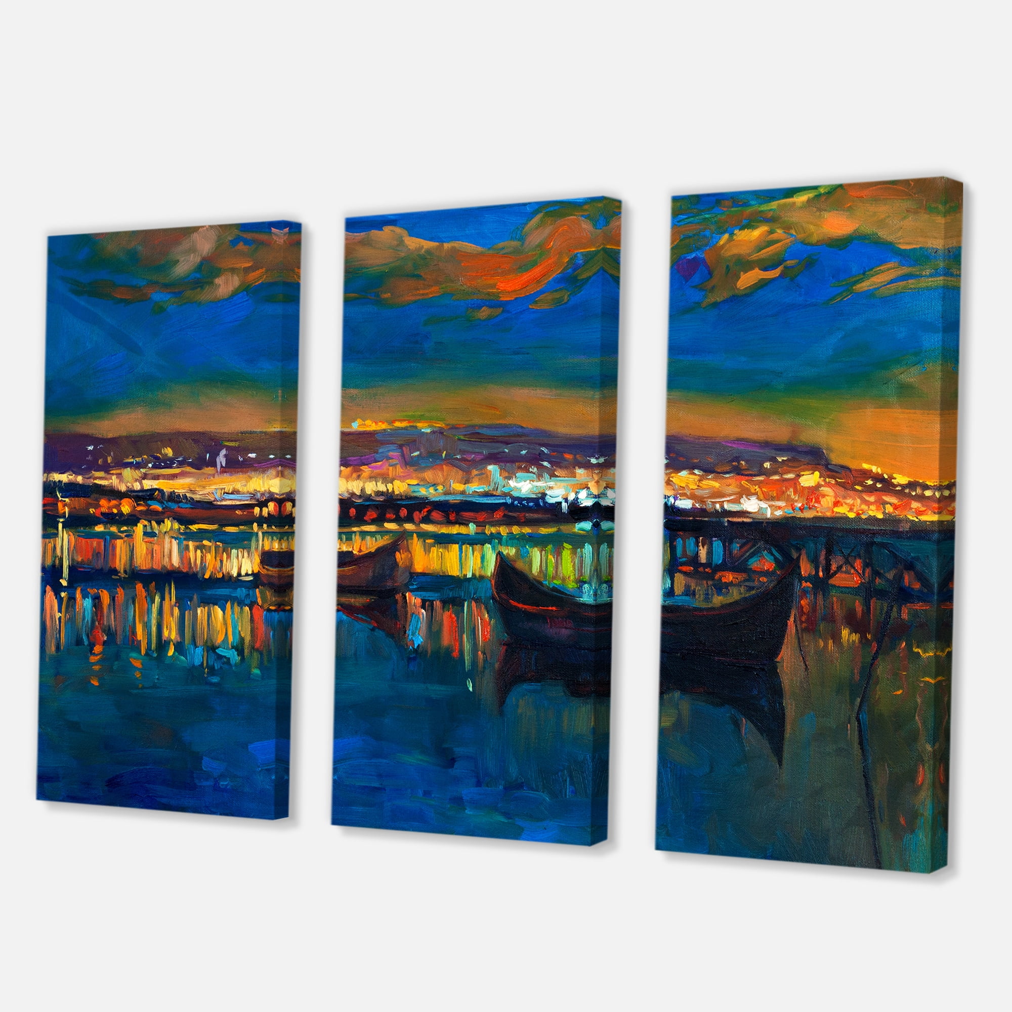 Designart ' Two Little Boats In The VIllage Harbor Ar Night ' Nautical & Coastal Canvas Wall Art Print
