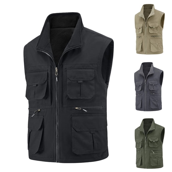 Miqool Mens Reversible Fleece Vest Stand Collar Zip Up Sleeveless Tactical Outdoor Cargo Vest with Pockets M‑5XL