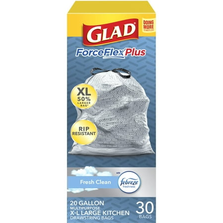 Glad ForceFlexPlus XL 20 Gallon Kitchen Trash Bags, Fresh Clean Scent, Febreze Freshness, 30 Bags