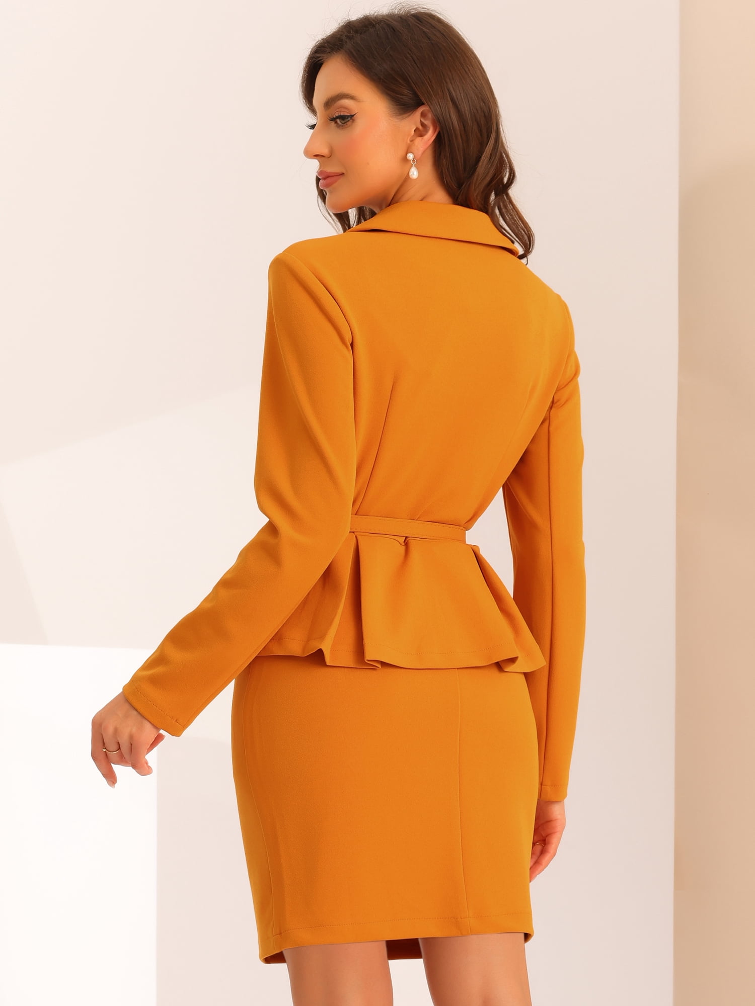 DARING DIVA 2Pcs Women's Business Peplum Blazer Jacket Mini Pencil Skirt Set XL Dark Orange