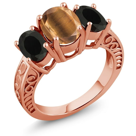 Gem Stone King 2.90 Ct Oval Brown Tiger Eye Black Onyx 18K Rose Gold Plated Silver Ring (Size 7)