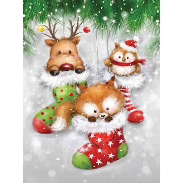 Cuadros Decorativos Kit de diamantes de imitación de taladro redondo completo de animales de Navidad de pintura de diamantes (LD655) Likrtyny embutido en tela