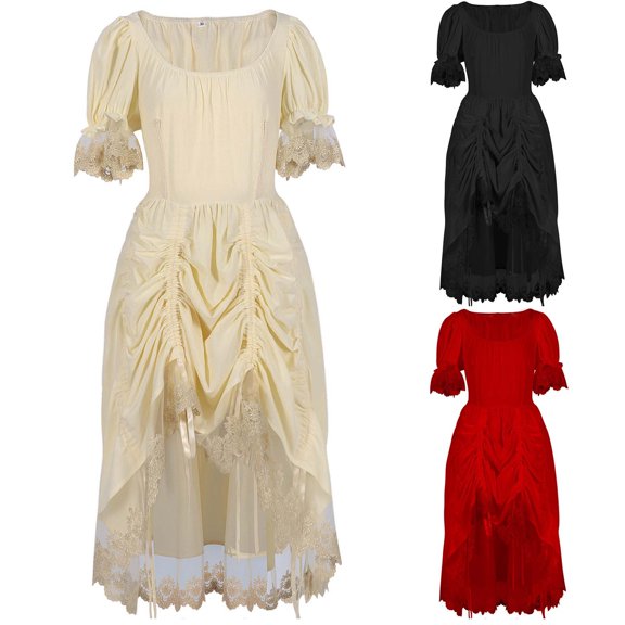 Wiyuqeen Renaissance Dress for Women Lace Puff Short Sleeve Gothic Steampunk Dress Drawstring Solid High Low Medieval Midi Dresses