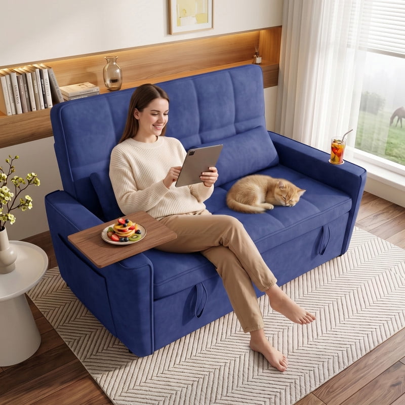 Anpport 3‑in‑1 Convertible Sleeper Sofa Bed, Pull‑Out Sofa with Side Desk, USB Ports, Cup Holders, Storage Armrests & Adjustable Backrest for Living Room Apartment, Blue