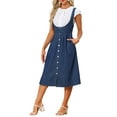 thumbnail image 4 of INSPIRE CHIC Suspender Dress for Women's  Button Front Classic U Neck Overall Denim Midi Dress with Pockets M Dark Blue, 4 of 6