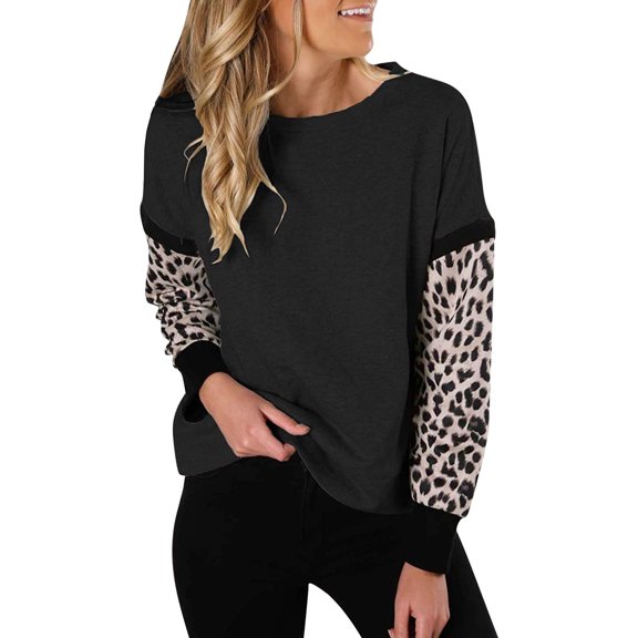 Trendfront Womens Color Block T Shirts With Cheetah Print Panel And Leopard Print Detail Crewneck Long Sleeve Casual Loose Fit Everyday Fall Layering Tee Tops