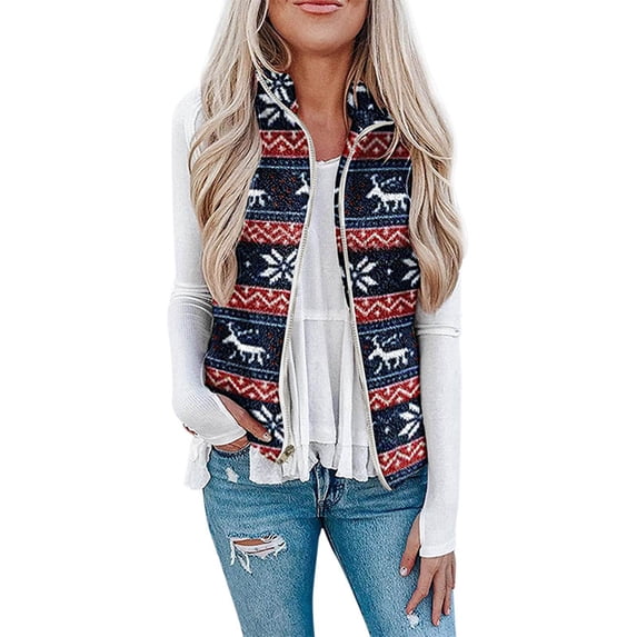 Frontwalk Ladies Loose Lapel Collar Coat Fleece Color Block Waistcoat Women Elk Print Christmas Outwear Black 2XL