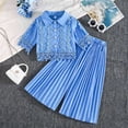 thumbnail image 4 of Summer Bohemian Outfits for Girls Short Sleeve Lapel Lace Button Down Shirts High Waist Pleated Pants Sets Blue 5-6 Years, 4 of 5