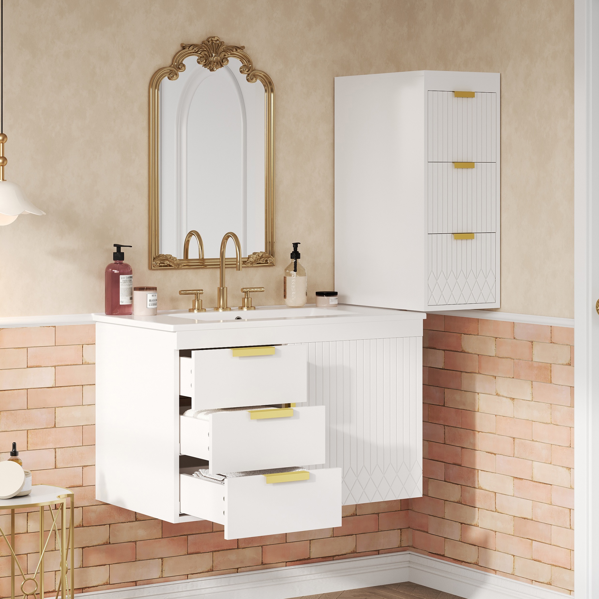 Euroco 30" Wall Mounted Bathroom Cabinet with Side Cabinet Combo, Bathroom Cabinet with Soft-Closing Door and Drawers, Modern Bathroom Vanity with Sink